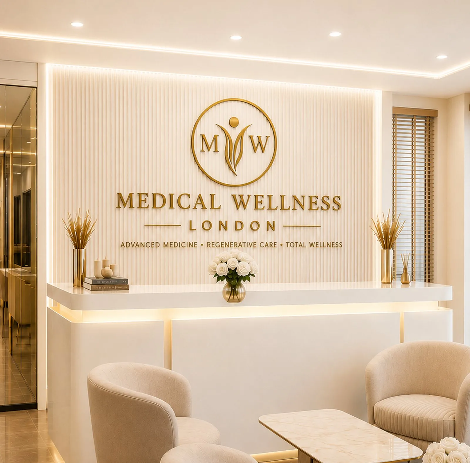 Reception at Medical Wellness London with the gold clinic name on a panelled wall
